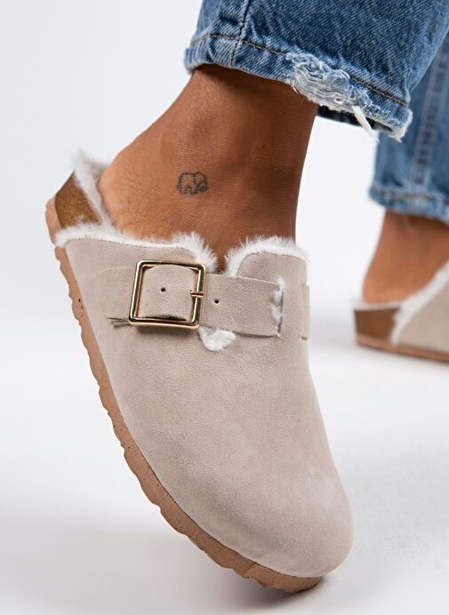Manijero Bej Kadın Süet - Kürklü Terlik MNJ.098.02 - Görsel 5
