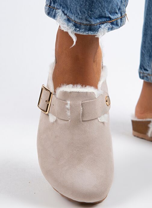Manijero Bej Kadın Süet - Kürklü Terlik MNJ.098.02 - Görsel 6