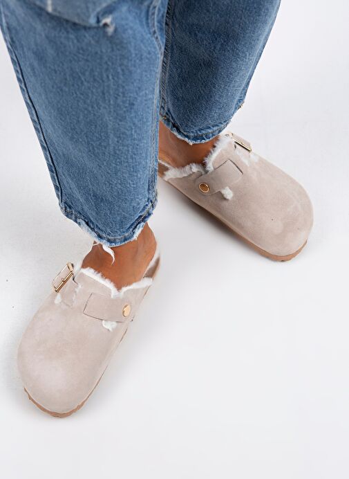 Manijero Bej Kadın Süet - Kürklü Terlik MNJ.098.02 - Görsel 7