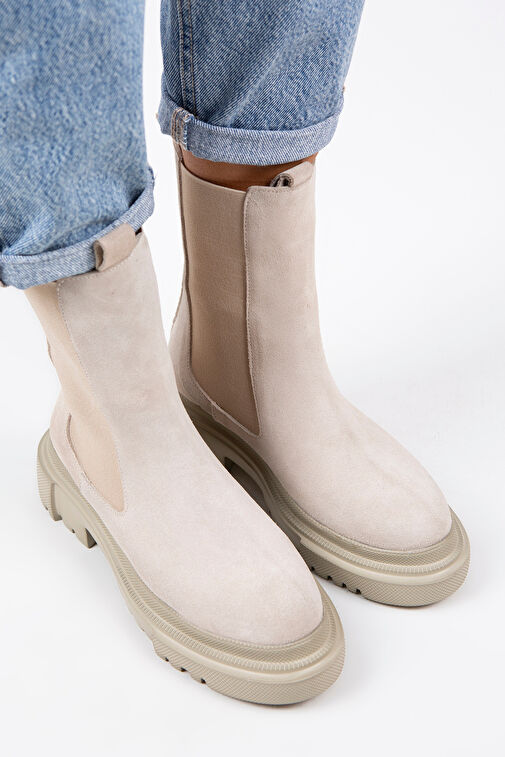 Manijero Gitana Kadın Hakiki Deri Çift Taraf Lastikli Bej Süet Bot - Görsel 4