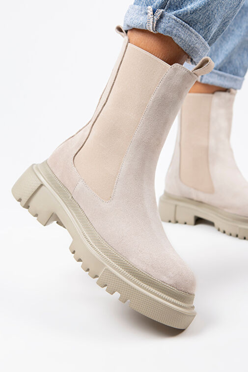 Manijero Gitana Kadın Hakiki Deri Çift Taraf Lastikli Bej Süet Bot - Görsel 6