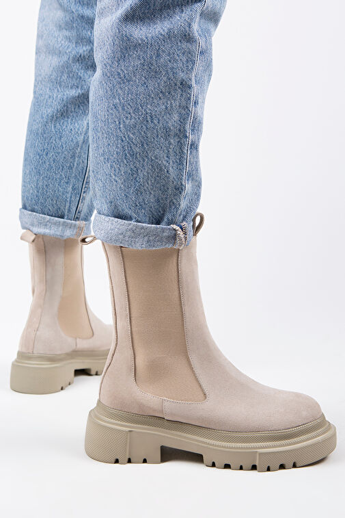 Manijero Gitana Kadın Hakiki Deri Çift Taraf Lastikli Bej Süet Bot - Görsel 8