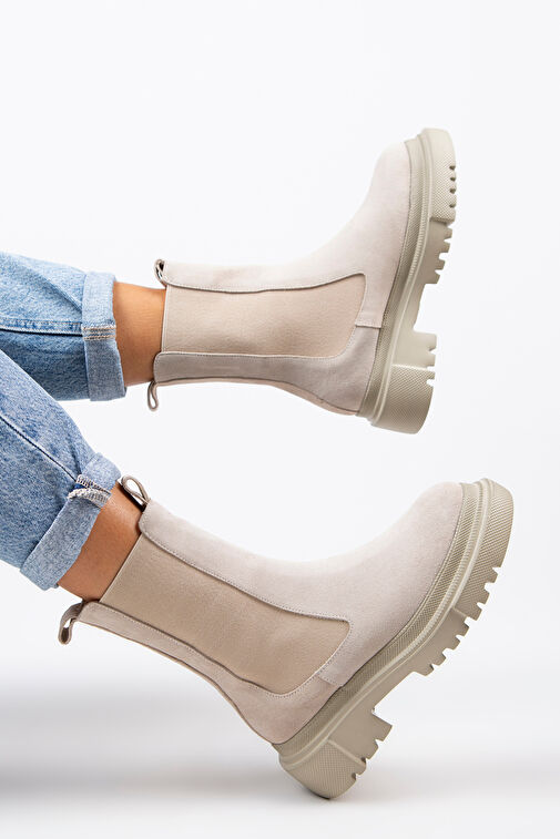 Manijero Gitana Kadın Hakiki Deri Çift Taraf Lastikli Bej Süet Bot - Görsel 9
