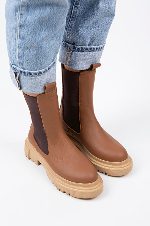 Manijero Gitana Kadın Hakiki Deri Çift Taraf Lastikli Taba Bot - Görsel 4