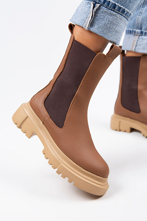 Manijero Gitana Kadın Hakiki Deri Çift Taraf Lastikli Taba Bot - Görsel 5