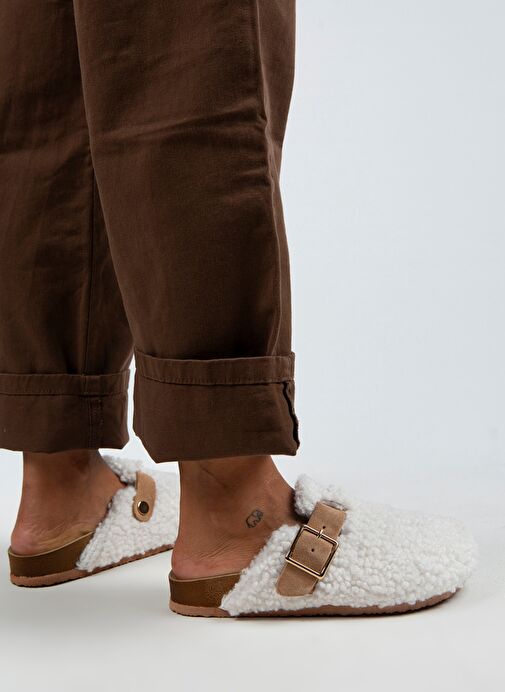 Manijero Beyaz-Taba Kadın Deri - Kürklü Terlik MNJ.101.04 - Görsel 7