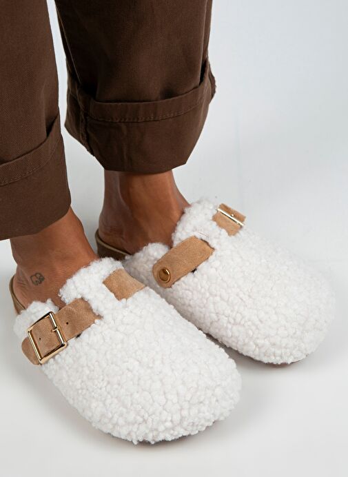 Manijero Beyaz-Taba Kadın Deri - Kürklü Terlik MNJ.101.04 - Görsel 4