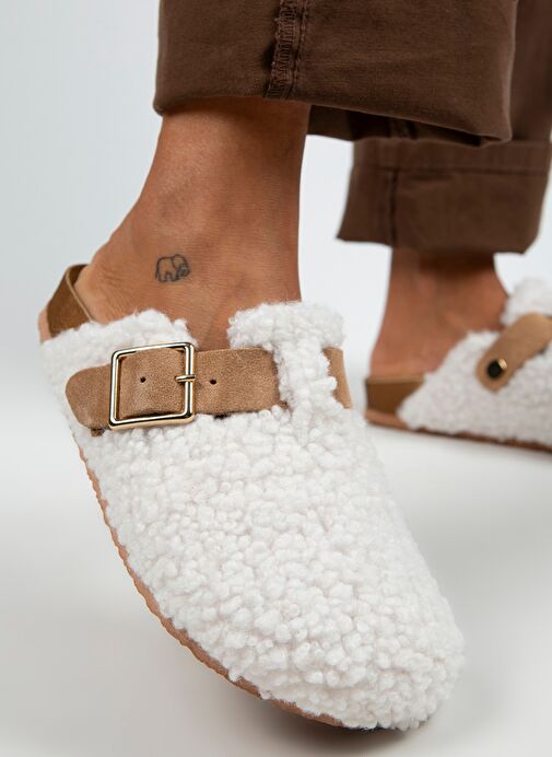 Manijero Beyaz-Taba Kadın Deri - Kürklü Terlik MNJ.101.04 - Görsel 5