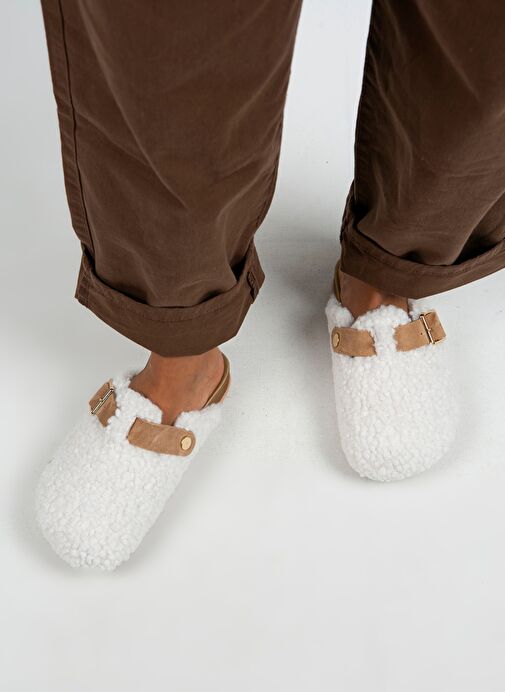 Manijero Beyaz-Taba Kadın Deri - Kürklü Terlik MNJ.101.04 - Görsel 8