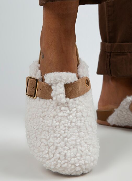 Manijero Beyaz-Taba Kadın Deri - Kürklü Terlik MNJ.101.04 - Görsel 6