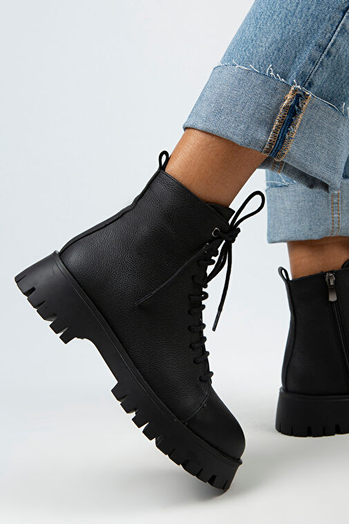 Manijero Aster Kadın Hakiki Deri Bağcıklı Fermuarlı Siyah Bot - Görsel 2