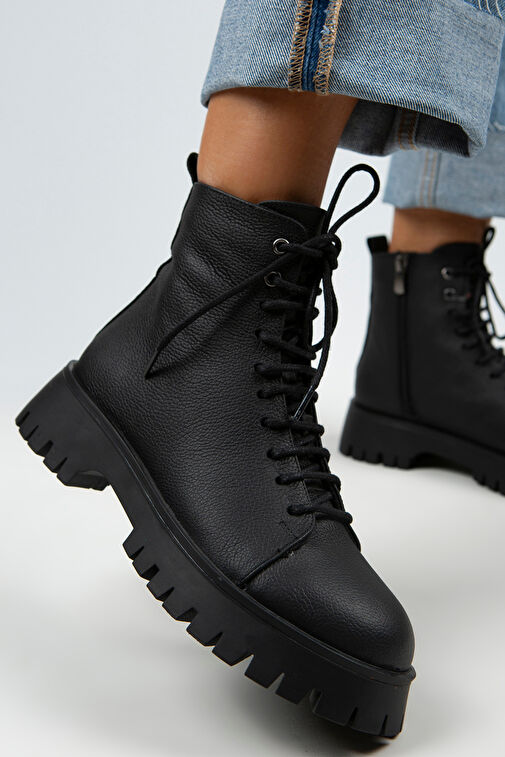 Manijero Aster Kadın Hakiki Deri Bağcıklı Fermuarlı Siyah Bot - Görsel 6