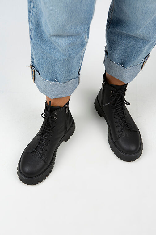 Manijero Aster Kadın Hakiki Deri Bağcıklı Fermuarlı Siyah Bot - Görsel 7