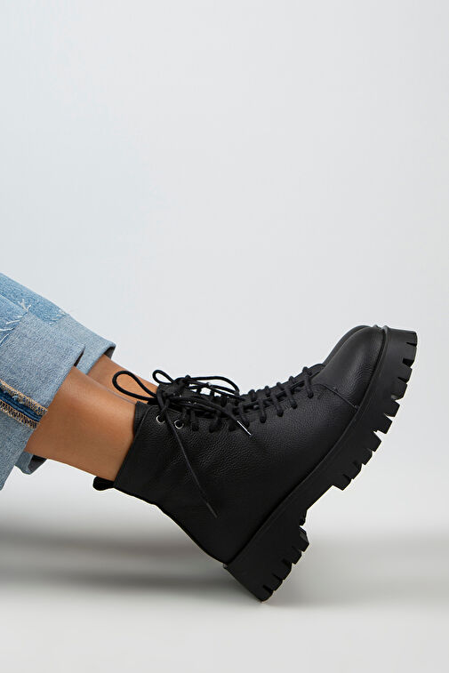 Manijero Aster Kadın Hakiki Deri Bağcıklı Fermuarlı Siyah Bot - Görsel 8