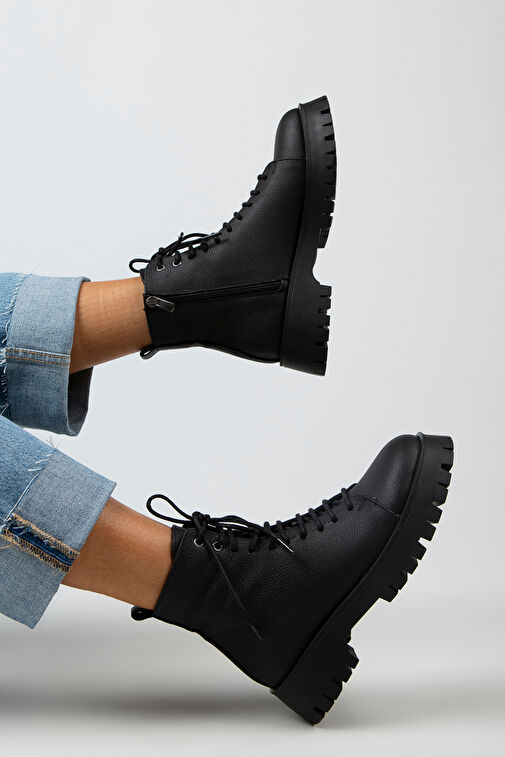 Manijero Aster Kadın Hakiki Deri Bağcıklı Fermuarlı Siyah Bot - Görsel 9