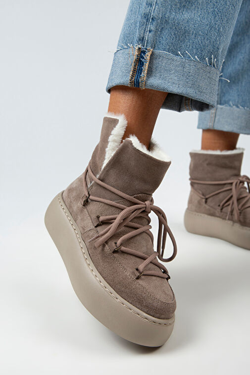 Manijero Haven Kadın Hakiki Deri Bağcıklı İçi Kürklü Vizon Bot - Görsel 2