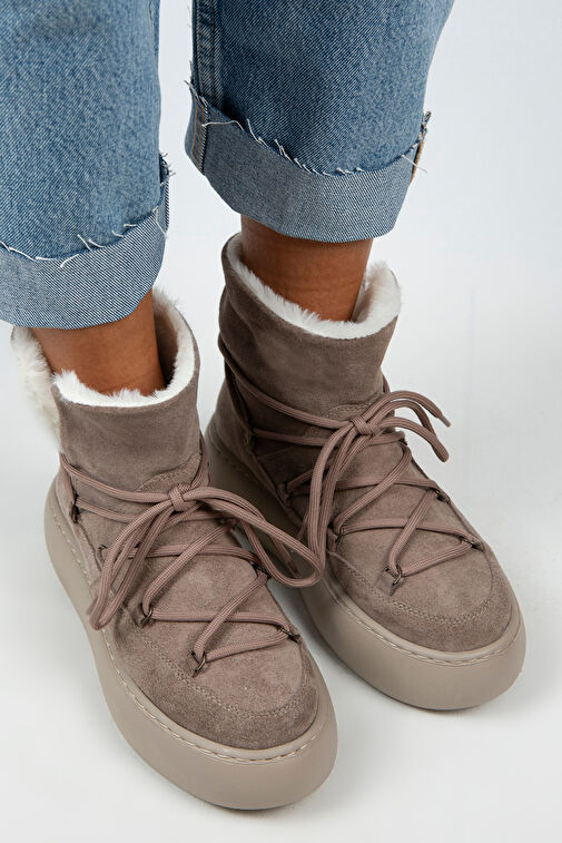 Manijero Haven Kadın Hakiki Deri Bağcıklı İçi Kürklü Vizon Bot - Görsel 4