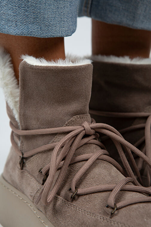 Manijero Haven Kadın Hakiki Deri Bağcıklı İçi Kürklü Vizon Bot - Görsel 5