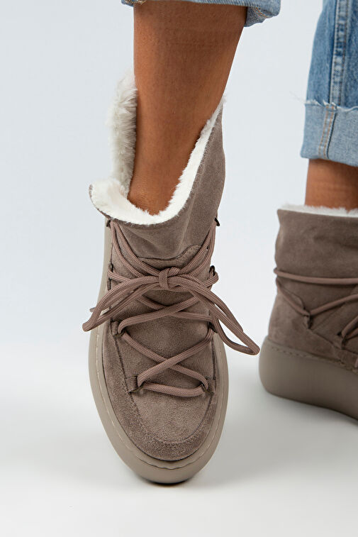 Manijero Haven Kadın Hakiki Deri Bağcıklı İçi Kürklü Vizon Bot - Görsel 6