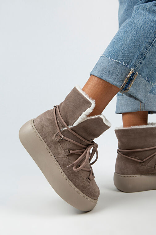 Manijero Haven Kadın Hakiki Deri Bağcıklı İçi Kürklü Vizon Bot - Görsel 7