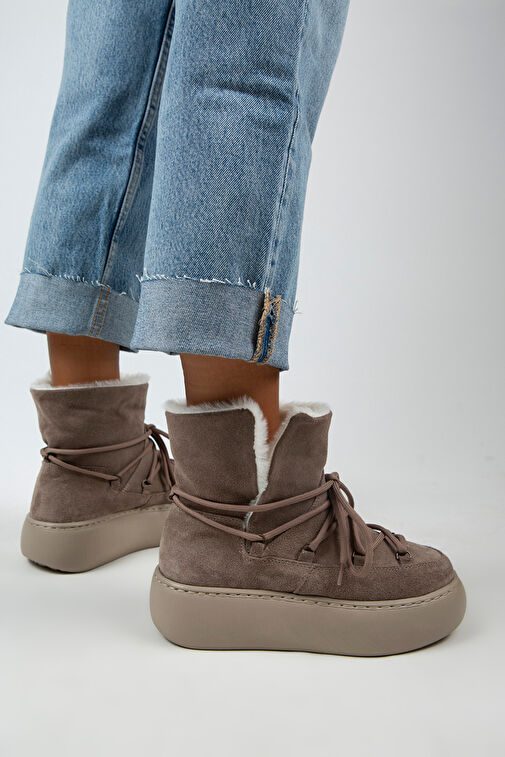 Manijero Haven Kadın Hakiki Deri Bağcıklı İçi Kürklü Vizon Bot - Görsel 8