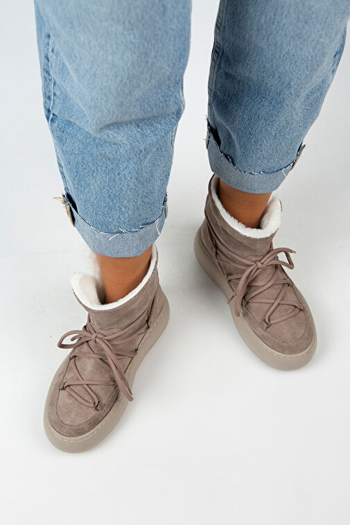 Manijero Haven Kadın Hakiki Deri Bağcıklı İçi Kürklü Vizon Bot - Görsel 9