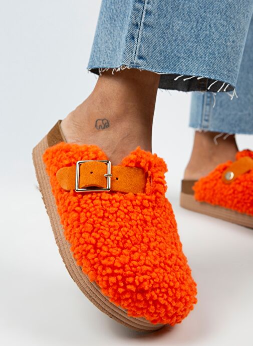 Manijero Juno Kadın Tekstil Kürklü Hakiki Deri Kemerli Tokalı Turuncu Terlik - Görsel 4