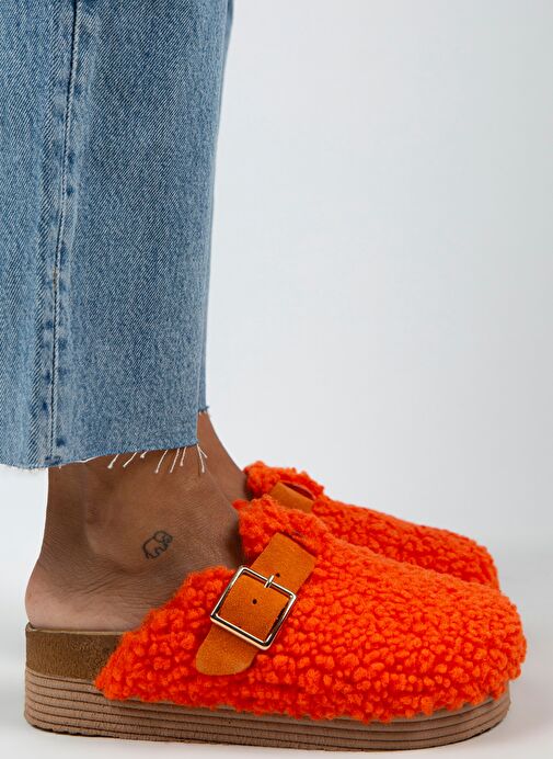 Manijero Juno Kadın Tekstil Kürklü Hakiki Deri Kemerli Tokalı Turuncu Terlik - Görsel 6