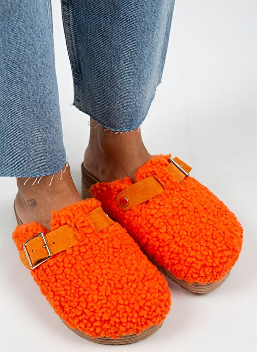 Manijero Juno Kadın Tekstil Kürklü Hakiki Deri Kemerli Tokalı Turuncu Terlik - Görsel 7