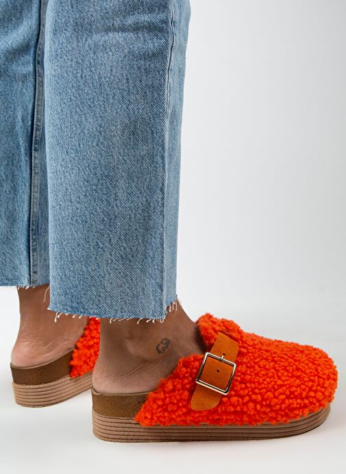 Manijero Juno Kadın Tekstil Kürklü Hakiki Deri Kemerli Tokalı Turuncu Terlik - Görsel 2