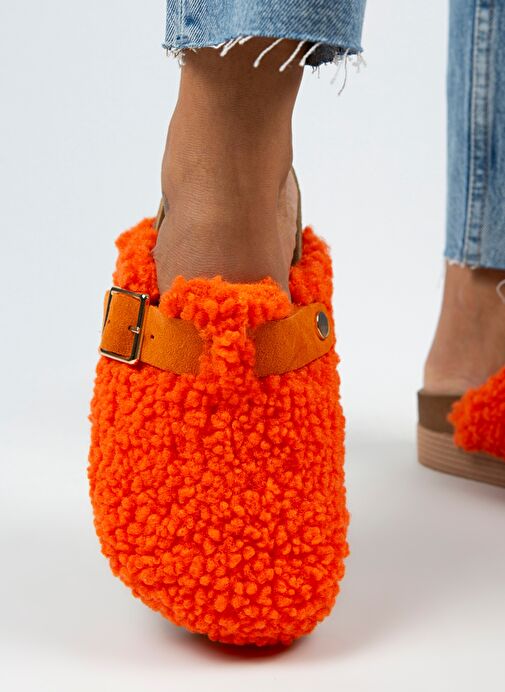 Manijero Juno Kadın Tekstil Kürklü Hakiki Deri Kemerli Tokalı Turuncu Terlik - Görsel 5
