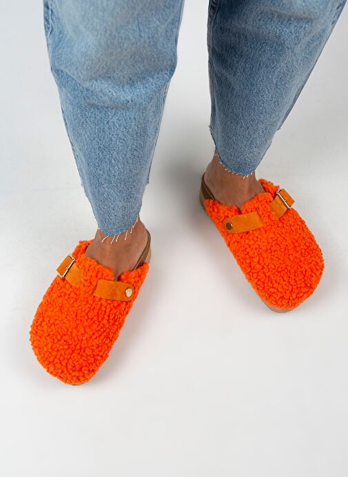 Manijero Juno Kadın Tekstil Kürklü Hakiki Deri Kemerli Tokalı Turuncu Terlik - Görsel 3