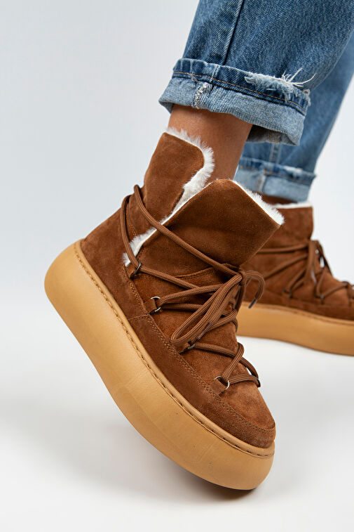 Manijero Haven Kadın Hakiki Deri Bağcıklı İçi Kürklü Taba Bot - Görsel 2