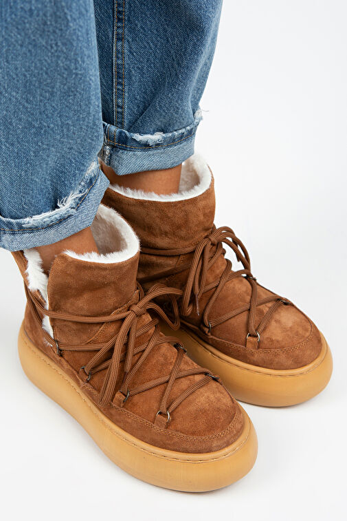 Manijero Haven Kadın Hakiki Deri Bağcıklı İçi Kürklü Taba Bot - Görsel 3