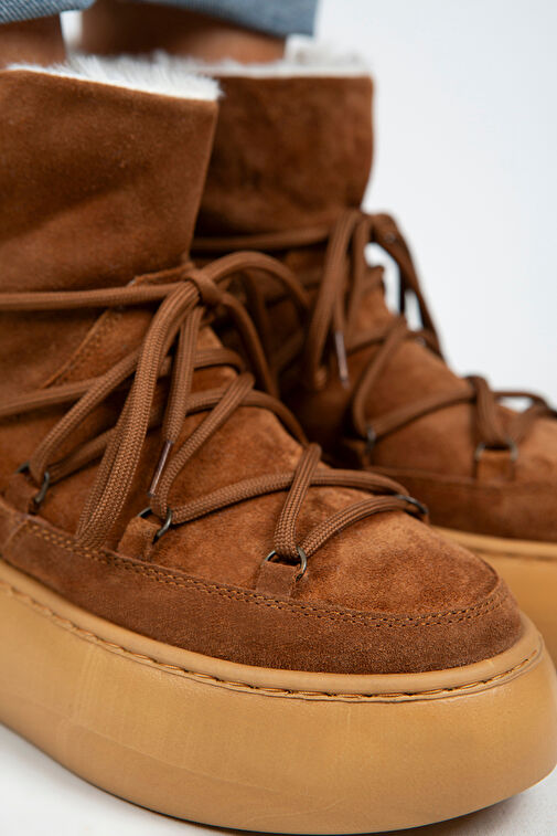 Manijero Haven Kadın Hakiki Deri Bağcıklı İçi Kürklü Taba Bot - Görsel 4