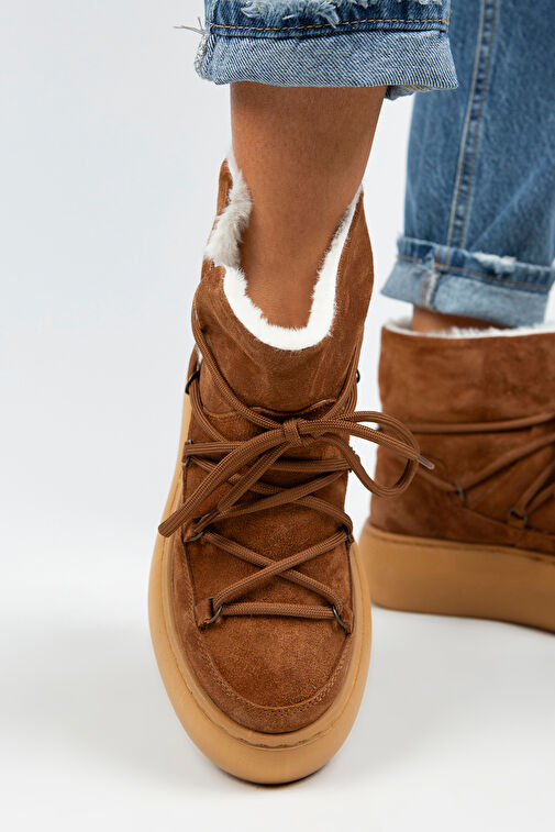 Manijero Haven Kadın Hakiki Deri Bağcıklı İçi Kürklü Taba Bot - Görsel 5