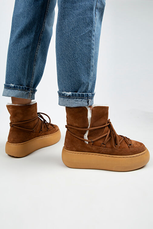 Manijero Haven Kadın Hakiki Deri Bağcıklı İçi Kürklü Taba Bot - Görsel 6