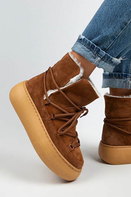 Manijero Haven Kadın Hakiki Deri Bağcıklı İçi Kürklü Taba Bot - Görsel 7