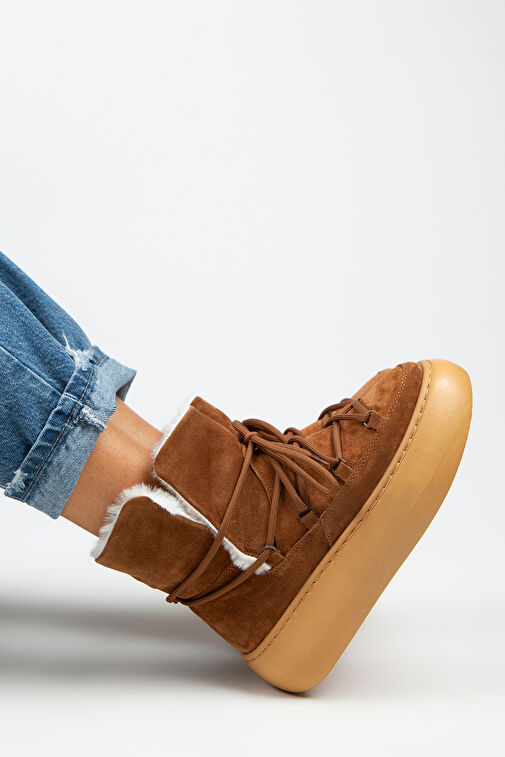 Manijero Haven Kadın Hakiki Deri Bağcıklı İçi Kürklü Taba Bot - Görsel 8