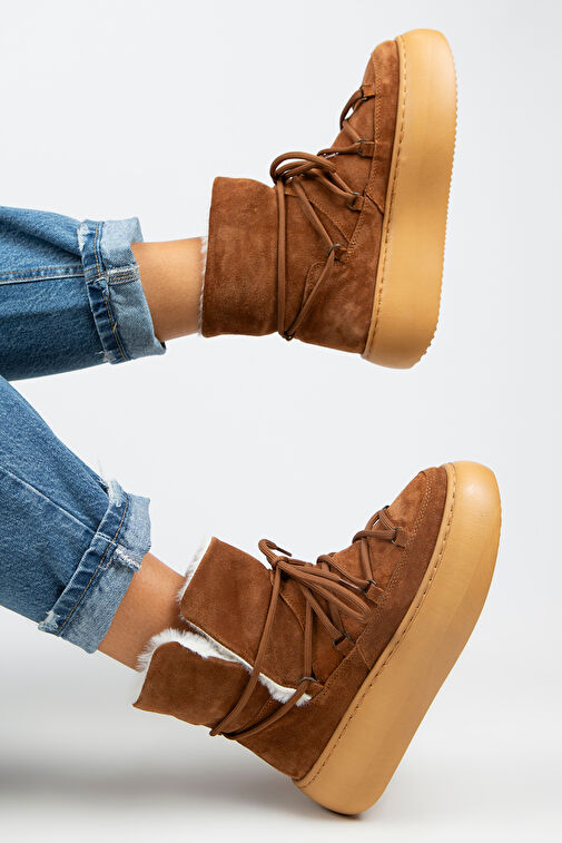 Manijero Haven Kadın Hakiki Deri Bağcıklı İçi Kürklü Taba Bot - Görsel 9