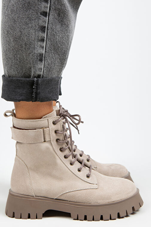 Manijero Adel Kadın Hakiki Deri Bağcıklı İçten Fermuarlı Bej Süet-Vizon Bot - Görsel 4