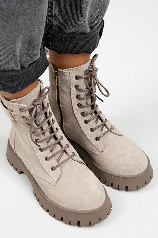 Manijero Adel Kadın Hakiki Deri Bağcıklı İçten Fermuarlı Bej Süet-Vizon Bot - Görsel 5