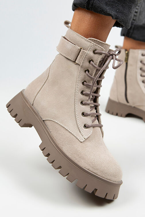 Manijero Adel Kadın Hakiki Deri Bağcıklı İçten Fermuarlı Bej Süet-Vizon Bot - Görsel 6