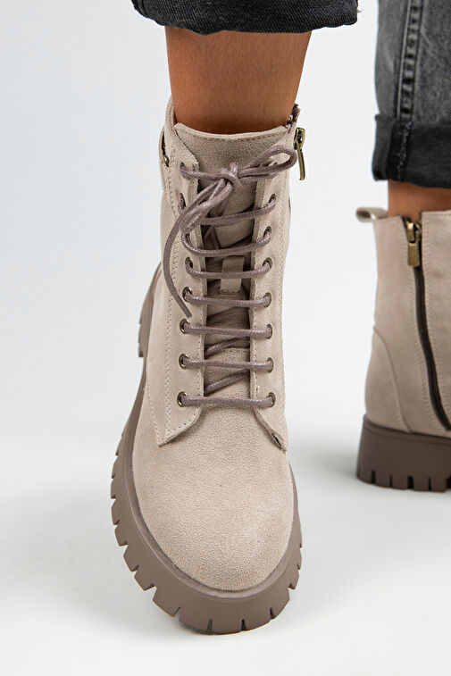 Manijero Adel Kadın Hakiki Deri Bağcıklı İçten Fermuarlı Bej Süet-Vizon Bot - Görsel 7