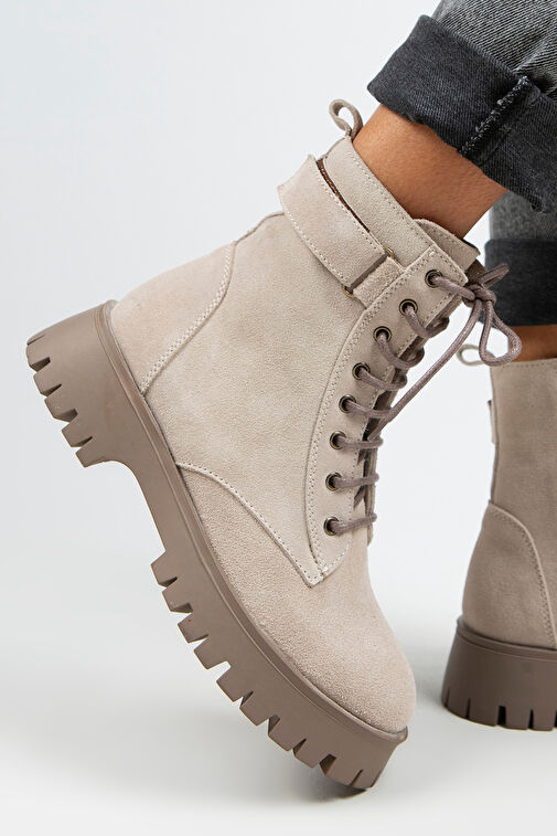 Manijero Adel Kadın Hakiki Deri Bağcıklı İçten Fermuarlı Bej Süet-Vizon Bot - Görsel 8