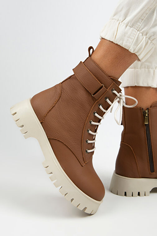 Manijero Adel Kadın Hakiki Deri Bağcıklı İçten Fermuarlı Taba-Bej Bot - Görsel 7