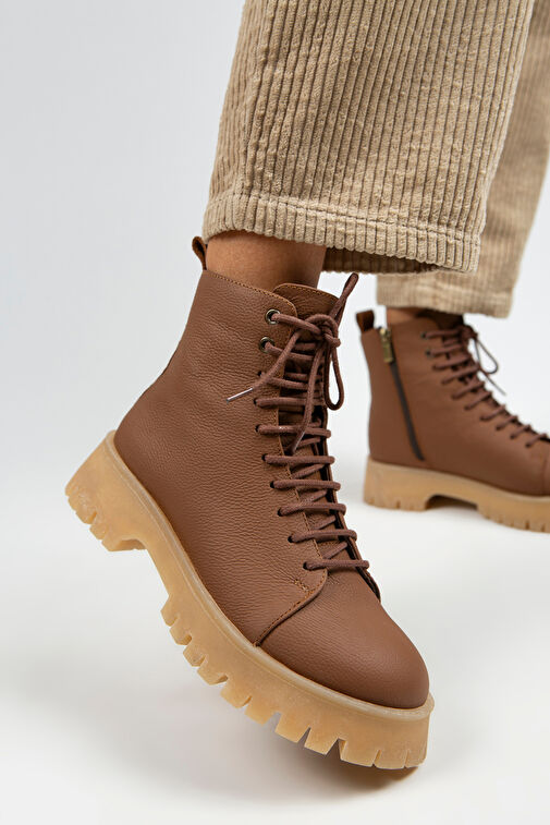 Manijero Aster Kadın Hakiki Deri Bağcıklı Fermuarlı Taba-Krep Bot - Görsel 2