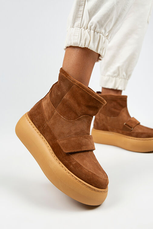 Manijero Ember Kadın Hakiki Deri Üstten Çırtlı İçi Kürklü Taba Bot - Görsel 2