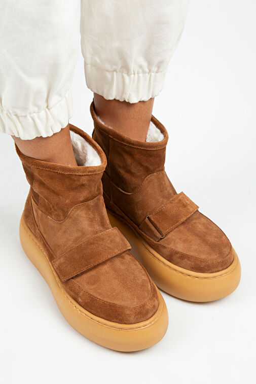 Manijero Ember Kadın Hakiki Deri Üstten Çırtlı İçi Kürklü Taba Bot - Görsel 4