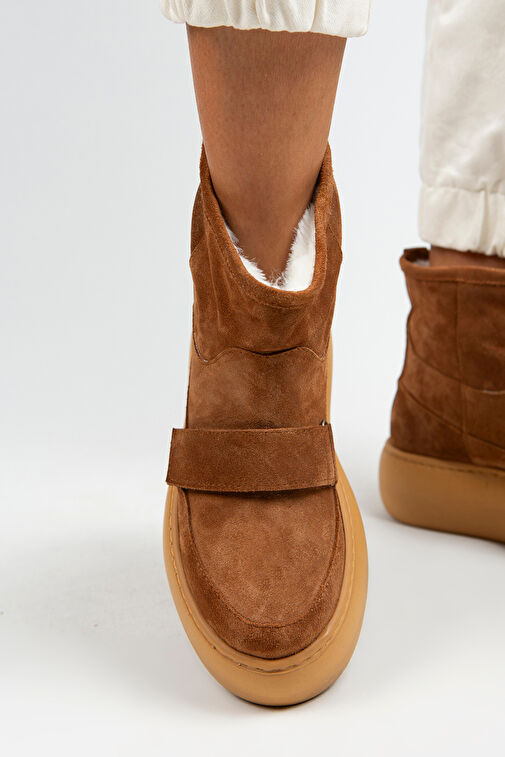 Manijero Ember Kadın Hakiki Deri Üstten Çırtlı İçi Kürklü Taba Bot - Görsel 6